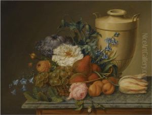 A Still Life With Peonies, Roses, Bluebells, Pears And Grapes In Abasket Together With An Urn, All On A Marble Ledge