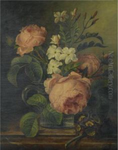 A Still Life With Roses And Narcissi In A Glass Beaker Together With A Sprig Of Primrose On A Marble Ledge by Joseph Laurent Malaine