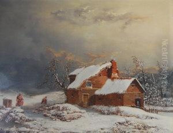 Figures By A Cottage In A Winter Wooded Landscape - view 1