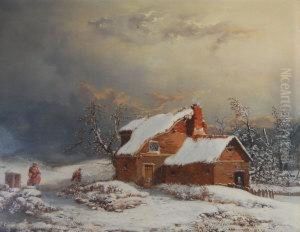 Figures By A Cottage In A Winter Wooded Landscape by William Malbon