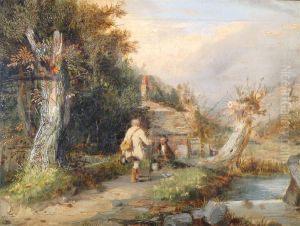 Fisherman By A Stream Near A Cottage by William Malbon