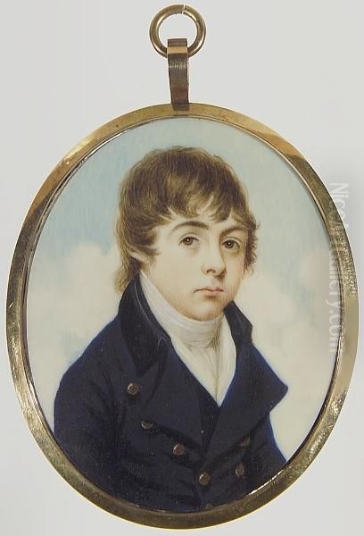 A Boy, Wearing Dark Blue Coat With Black Collar, White Waistcoat And Cravat. - view 1