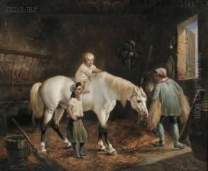 Stable View With Horse And Three Figures by Louis Claude Malbranche