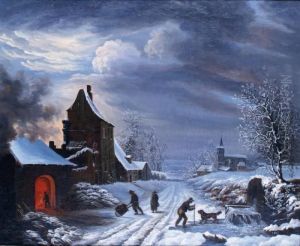 Paysage De Neige Au Soleil Couchant by Louis Claude Malbranche