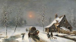 Charette Dans La Neige Au Clair De Lune by Louis Claude Malbranche