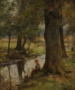 Young Woman Seated By A Stream by Leo Malempre