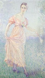 Full Length Portrait Of A Lady In A Pinkdress by William Malherbe