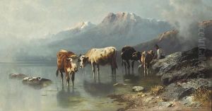 Cattle Watering In A Mountainous Landscape by Christian Friedrich Mali