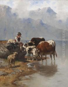 Hirtenjunge Mit Schafen Und Rindern Am Seeufer by Christian Friedrich Mali