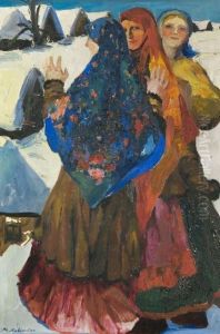 Trois Paysannes Russes Dans Un Paysage D'hiver by Philippe Andreevitch Maliavine