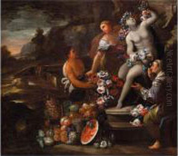 Paesaggio Con Figure, Natura Morta Di Fiori, Frutta E Scultura - view 1
