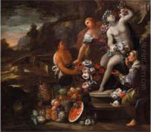 Paesaggio Con Figure, Natura Morta Di Fiori, Frutta E Scultura by Nicola Malinconico
