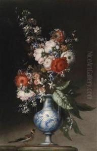 A Bouquet Of Flowers In A Blue Paintedearthenware Vase And A Titmouse