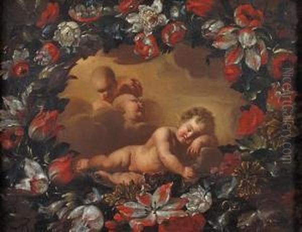 Gesu Bambino Dormiente Con Tre Cherubini, Entroghirlanda Di Fiori - view 1