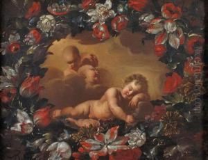 Gesu Bambino Dormiente Con Tre Cherubini, Entroghirlanda Di Fiori by Nicola Malinconico