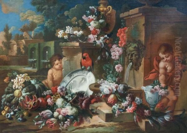 Natura Morta Con Putti, Fiori, Frutta Everdura - view 1