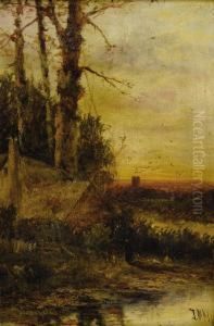 Peasant Cottage Near A River by J. Mall