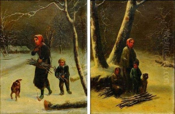 Femme Avec Enfants Dans Un Paysage De Neige Et Un Chien. - view 1