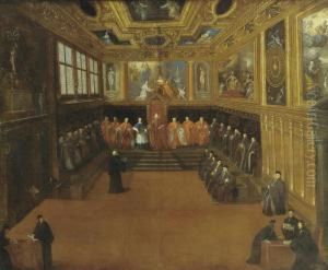 The Doge And Senators In The Sala Del Collegio, Palazzo Ducale, Venice by Pietro Malombra