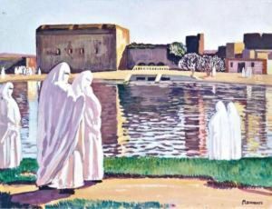 Femmes En Blanc Au Bord D'un Bassin by Azouaoui Mammeri