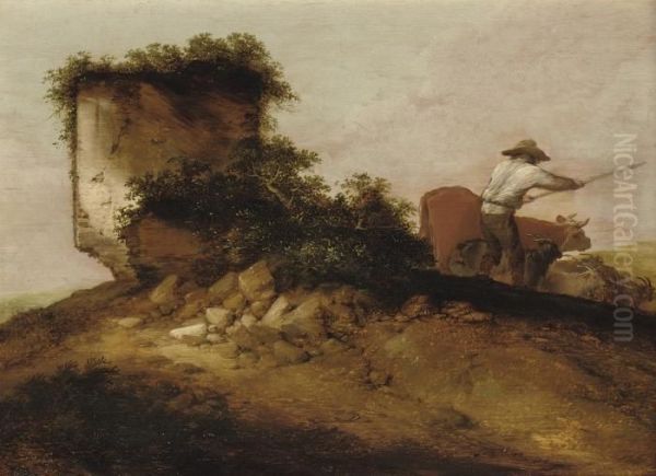 A Rocky Landscape With A Herdsman And His Cattle And Goats - view 1