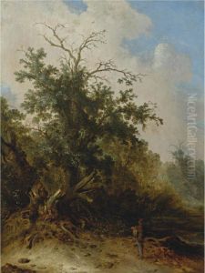 A Woodman Standing Before A Blasted Oak On A Forest Path by Jacobus Sibrandi Mancandan