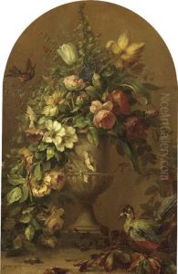 Flowers In A Stoneware Vase With Tropical Birds
