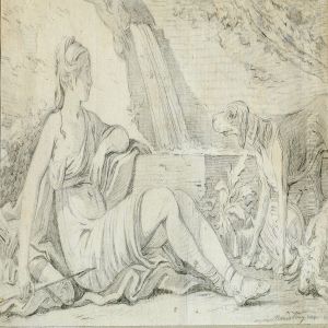 A Pair Of Allegories In The Shape Of A Sitting Woman With A Dog And Spear And A Sitting Woman Surrounded By Fruit by Johan Edvard Mandelberg