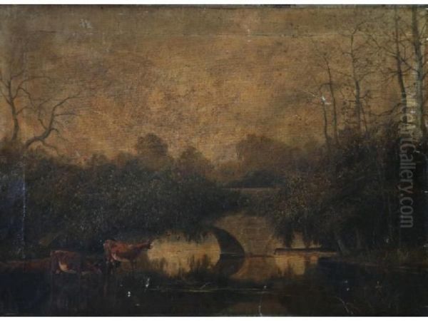 River Landscape With Stone Bridge And Cattle At Water - view 1