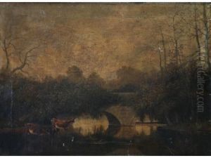 River Landscape With Stone Bridge And Cattle At Water by William Henry Mander