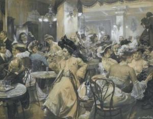 Austro-hungarian Scene In A Bar. by August Mandlick