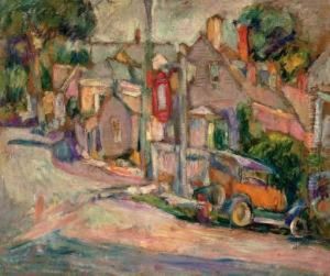 City Street With Red Car by Abram Anshelevich Manevich