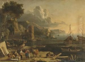Mediterranean Port Scene by Adriaen Manglard
