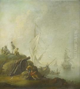 A Rocky Coast With Soldiers Beside A Canon