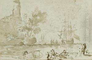 Pecheurs Remontant Des Filets A L'entree D'un Port by Adriaen Manglard