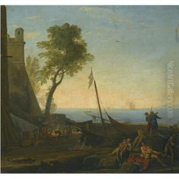 A Coastal Scene By A Harbour With A Boat And Figures In Theforeground - view 1