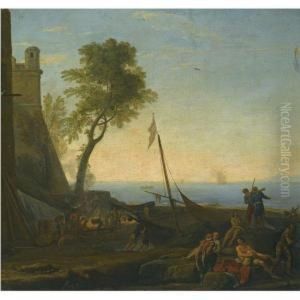 A Coastal Scene By A Harbour With A Boat And Figures In Theforeground by Adriaen Manglard
