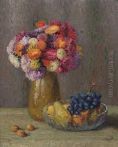 Stilleben Mit Astern Und Fruchtschale (bunter Straus) by Josef Mangold