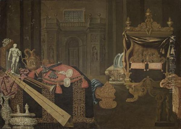 Classical Ewers, A Statue, Musical Instruments, Mirrors And Other Objects On A Draped Table Top, In A Classical Interior - view 1