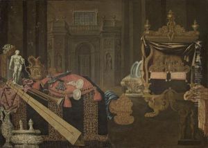 Classical Ewers, A Statue, Musical Instruments, Mirrors And Other Objects On A Draped Table Top, In A Classical Interior by Carlo Manieri