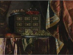Still Life Of A Chest, Fruit And Other Objects On A Brocadedraped Table