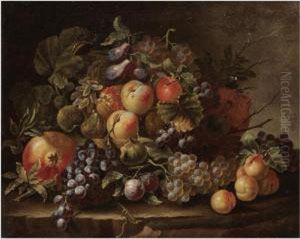 Still Life With Grapes, Apples, Plums, Peaches And Pomegranates On A Stone Ledge by Carlo Manieri