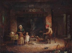 An Old Couple Before A Fireside In A Cottage Interior by Edward Mann