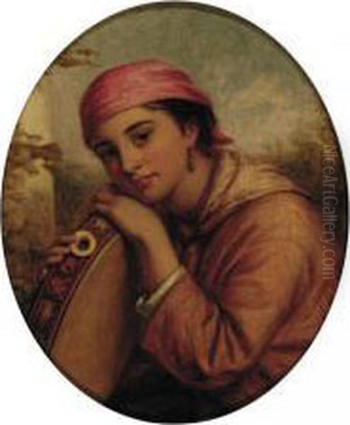 Girl In A Red Kerchief With Her Tambourine - view 1