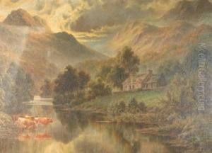 Welsh River Scene With Cattle And Cottages