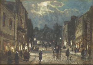 Figures And Carriages On A Street By Moonlight by William Manners