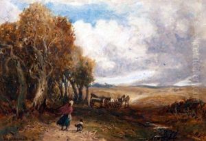 Figures, Horse And Cart With Dog In Windswept Landscape by William Manners