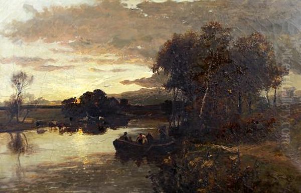 River Landscape At Dusk With Figures In A Punt And Cattle Watering At The Riverside - view 1