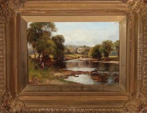 Girls Picking Wild Flowers At A Riverbank With Cattle And A Ruined Abbey In The Distance by William Manners