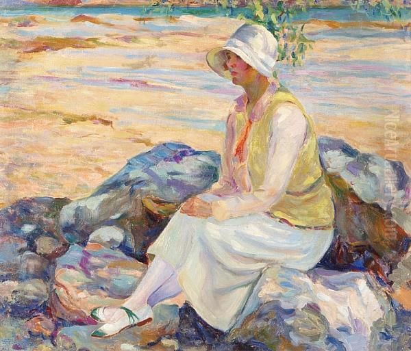 Woman Sitting Beside A Stream - view 1